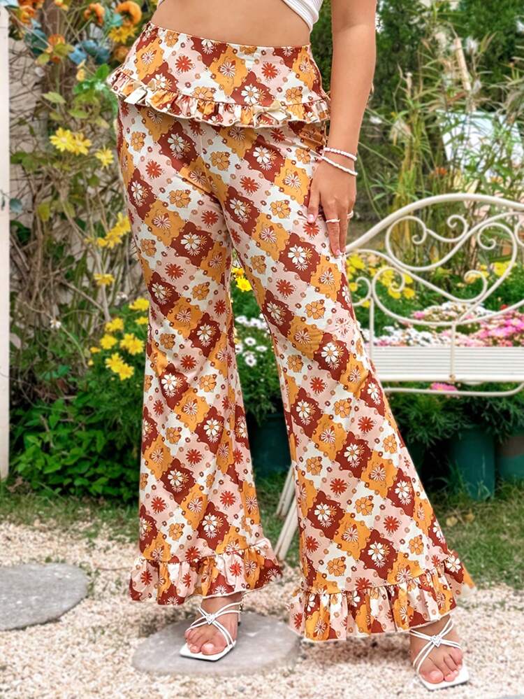 Plus Size Flared Pants With Ruffle Decor