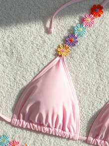 SHEIN Swim 女士花卉刺绣装饰两件套比基尼套装文胸和比基尼套装下装比基尼套装适合夏季海滩 - 粉色 - 查看 6