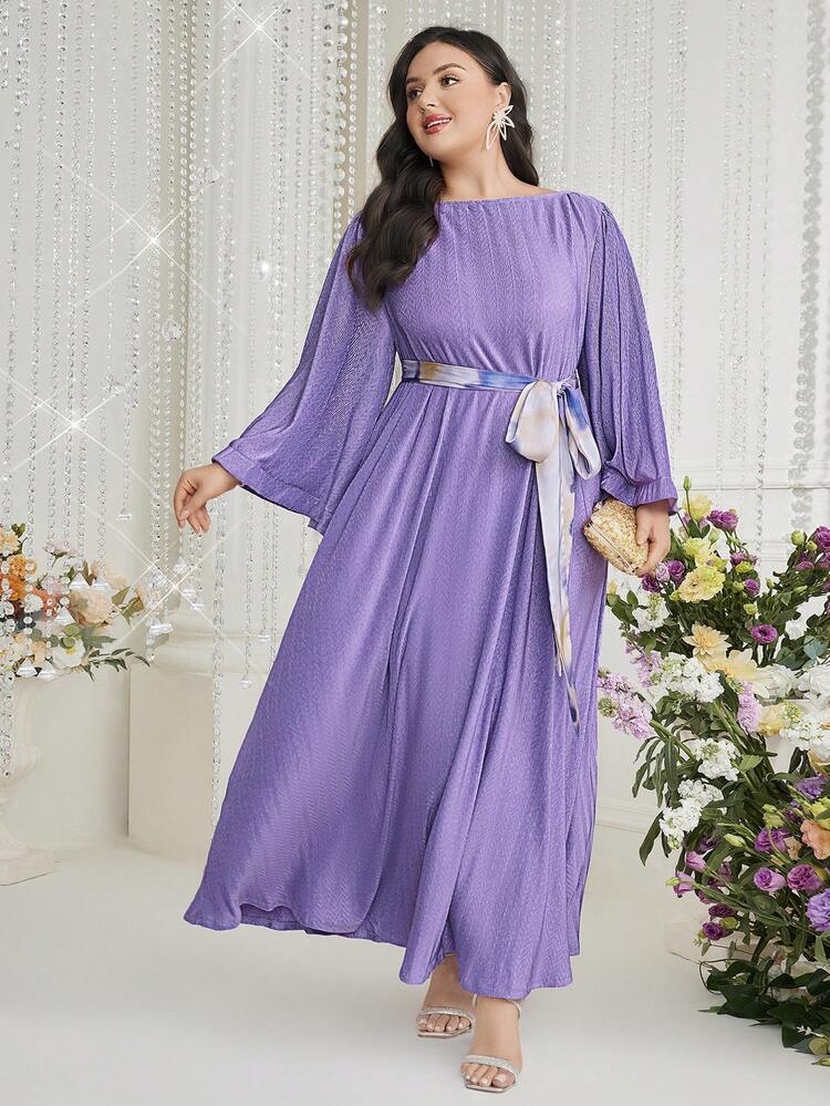 Plus Boat Neck Flared Sleeve Dress Long Evening Dresses