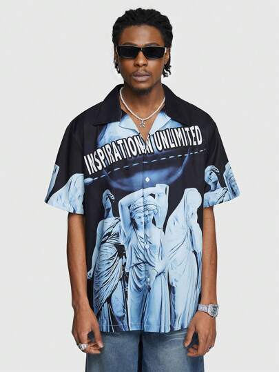 Street Life Camicia a maniche corte monopetto da uomo con stampa scultorea, estiva