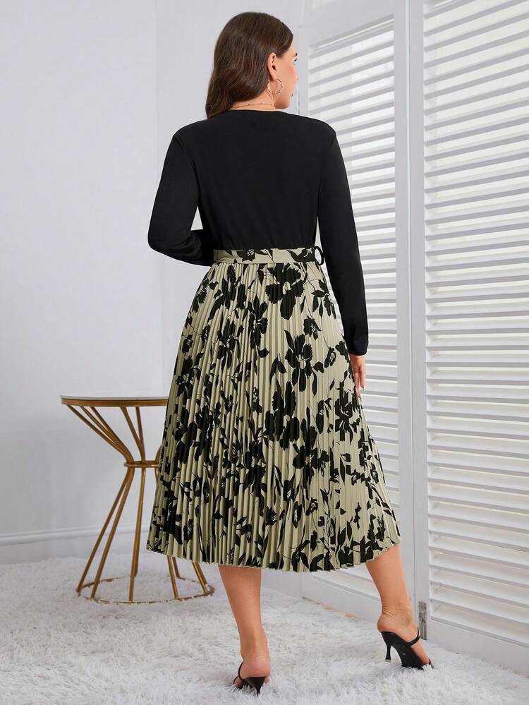Plus Floral Print Pleated Hem Belted Dress