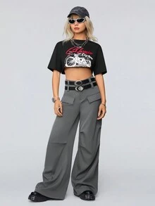 SHEIN Coolane Của phụ nữ Retro Xe máy In Mùa hè Áo phông Crop , Lý tưởng Đối với Âm nhạc Lễ hội - màu đen - Xem 5