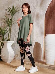 SHEIN Conjunto De Camiseta Asimétrica Con Cuello De Costilla Y Leggings Florales Para Chica Adolescente - Verde Oliva - Ver 4