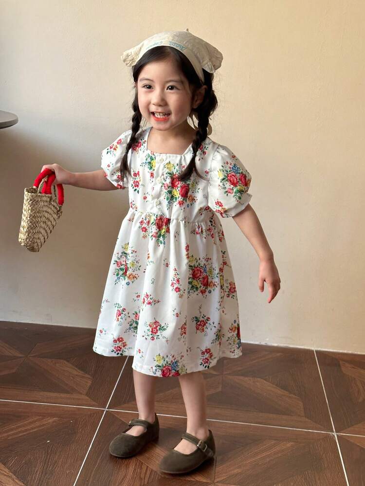 Young Girls' Floral Printed Puff Sleeve Square Neckline Dress