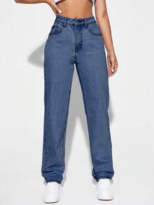 SHEIN EZwear Women Casual Solid Color Slant Pocket Baggy Jeans - Medium Wash - View 3