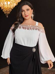 Modelyn Conjunto de Top de Manga Lanterna com Ombros Abertos e Saia com Design Colorblock Brilhante com Paetês, Vestido de Festa Elegante de Duas Peças para Tamanhos Grandes - Preto e Branco - Visão 5