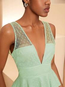 Ritha Swan Designer Women Deep Cut Mesh Overlay Top, For Summer, Holiday, Spring, Going Out, Festival - Green - View 4