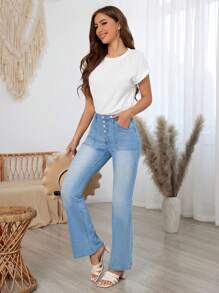 SHEIN LUNE Women's Flared Jeans - Light Wash - View 1