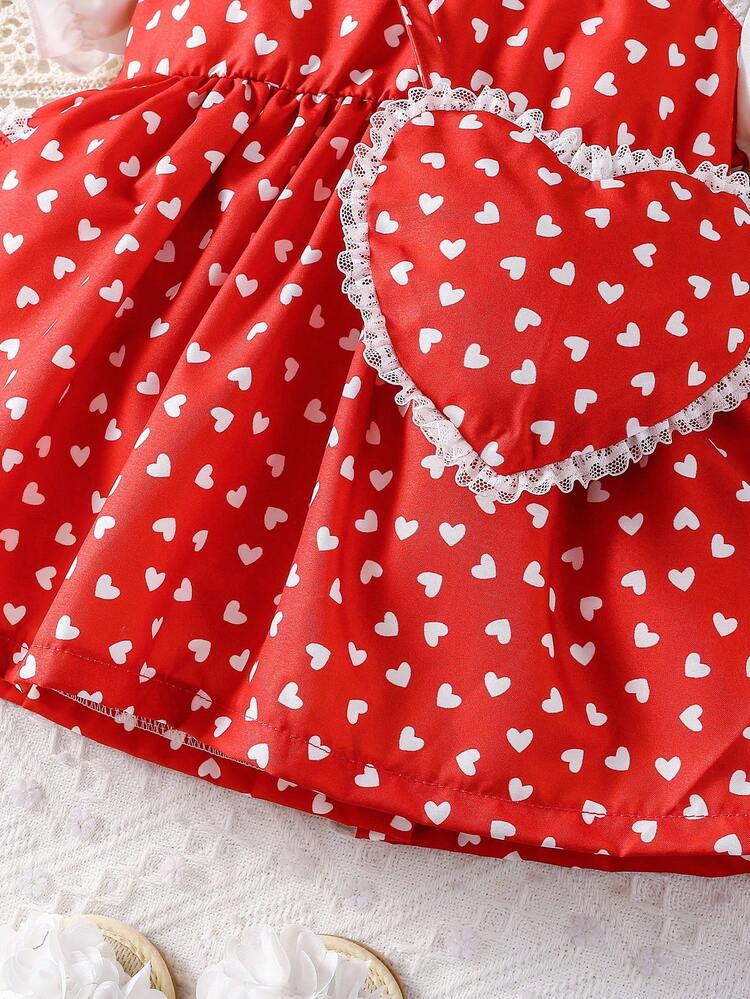 Baby Girl Spring/Summer Elegant Heart Patterned Dress Set With Heart-Shaped Purse, Suitable For Outing