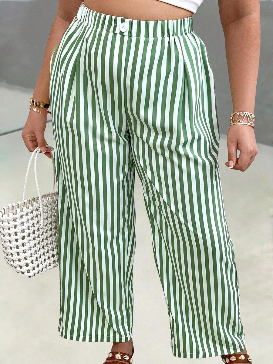 SHEIN Clasi 大碼條紋圖案闊腿褲 - 綠色 - 查看 1