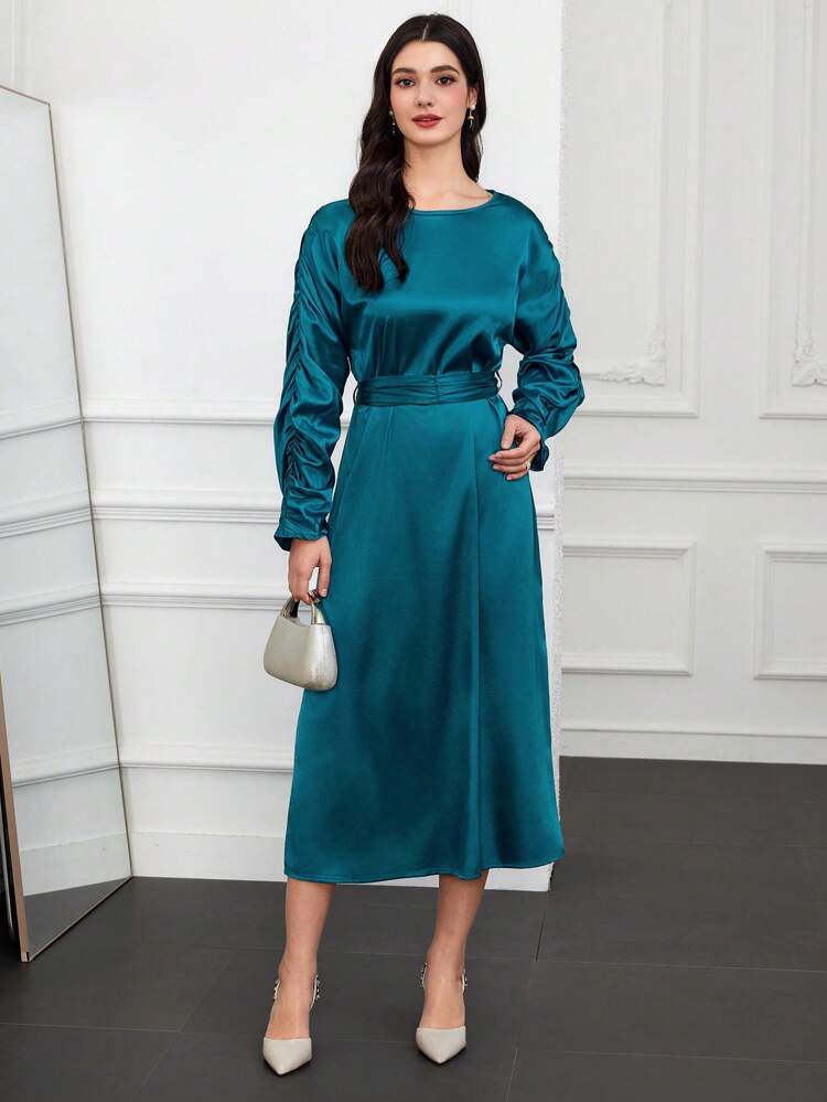 Ladies' Solid Color Round Neckline Pleated Long Sleeve Fashionable Dress Long Evening Dresses Fall Cloth For Women