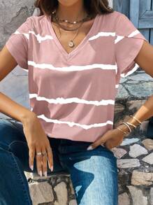 SHEIN LUNE Women's Striped Short Sleeve T-Shirt