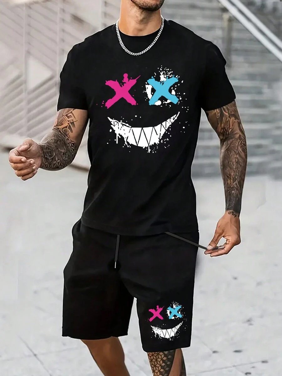 Manfinity Dauomo Men's Smile Face Printed Short Sleeve T-Shirt And Shorts Set - Black - View 1