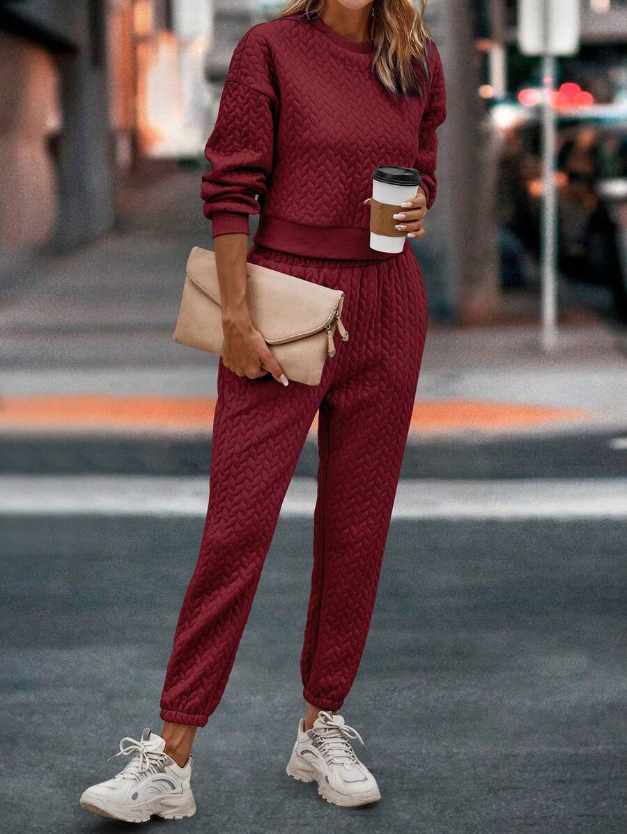 SHEIN Essnce Solid Drop Shoulder Sweatshirt & Sweatpants - Burgundy - View 1