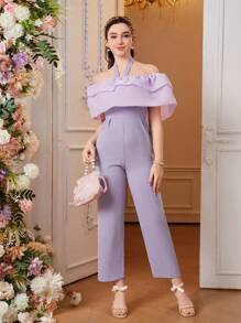 Teenage Girl's Ruffle Trim Halterneck Jumpsuit - Purple - View 5