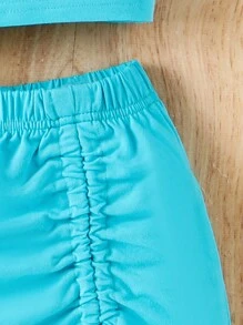 Little Girls' 3d Flower Embellished Asymmetrical Neck Blouse And Shorts Set - Baby Blue - View 6