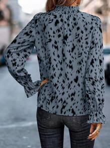 SHEIN LUNE Camisa de mujer de manga larga con volantes y estampados, blusas de manga larga - Azul - Ver 2