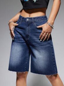 SHEIN EZwear Lỏng lẻo phù hợp Quần short Denim Với Mèo Whisker Rửa Và Nghiêng Túi - Rửa trung bình - Xem 2