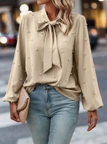 EMERY ROSE Tie Neck Pearls Beaded Lantern Sleeve Blouse - Apricot - View 1