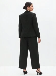 BizChic Plus Size Solid Color Deep V-Neck Tie Fashion Coat And Pants Suit - Black - View 2