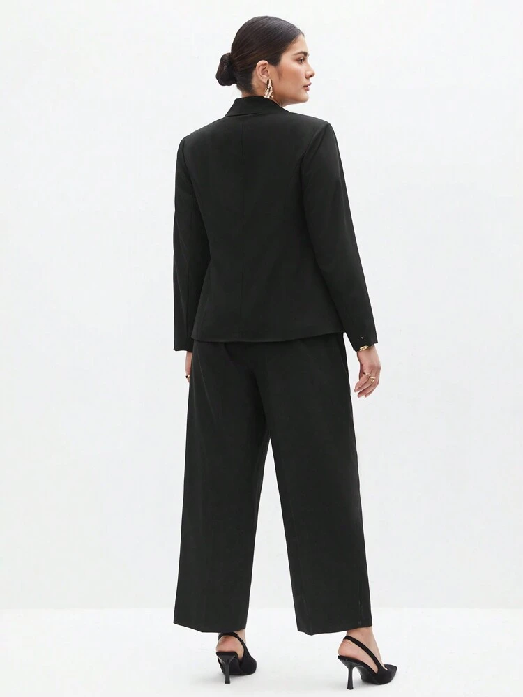 Plus Size Solid Color Deep V-Neck Tie Fashion Coat And Pants Suit