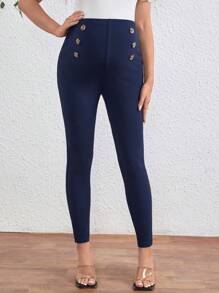 SHEIN Quần ôm trang trí hai hàng khuy cho bà bầu - Màu xanh hải quân - Xem 5