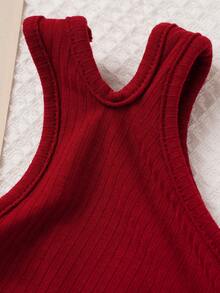 SHEIN Young Girl's Lovely Oblique Shoulder Red Top With Paper Bag Waist & Rose Printed Shorts 2pcs Outfit