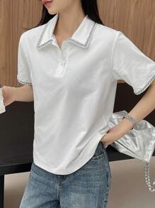 DAZY 女士立領休閒基礎短袖t卹 - 白色 - 查看 4