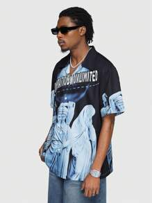 ROMWE MEN Street Life Men's Single-Breasted Sculpture Print Short Sleeve Shirt, Summer - Blue - View 4