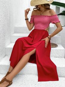Breezaya Color Block Off Shoulder Hollow Out Shirred Bodice Dress