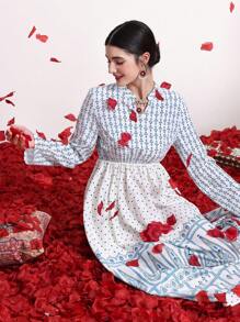 Divindia 全版印花 V領 長袖連衣裙