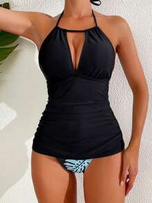 Swim Lushoire 女士純色背心坦克泳衣 - 黑色 - 查看 4