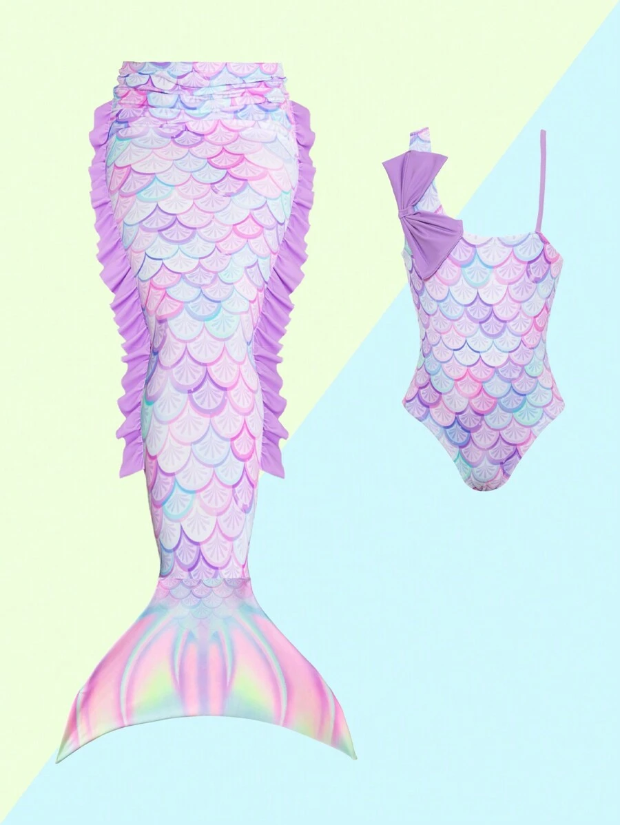 Young Girls' One-Piece Swimsuit With Ruffle Trim And Mermaid Scale Print Summer Holiday - Multicolor - View 1