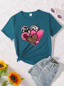 Tween Girl's Leopard Print Heart & Pink Flower Pattern Round Neck Short Sleeve T-Shirt - Teal Blue - View 1