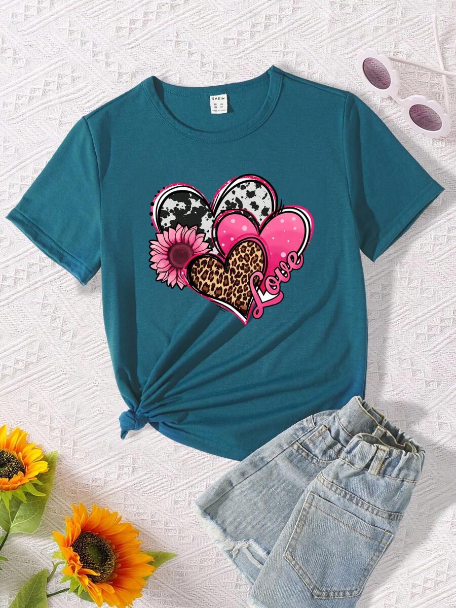 Tween Girl's Leopard Print Heart & Pink Flower Pattern Round Neck Short Sleeve T-Shirt - Teal Blue - View 1
