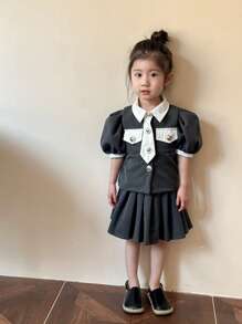 SHEIN Young Girl Two Tone Puff Sleeve Top & Pleated Skirt Set - Black - View 6