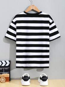 SHEIN 少年男孩寬鬆休閒條紋針織圓領套頭t恤,附有補丁和彩色口袋 - 黑與白 - 查看 2