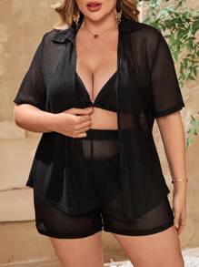 Swim Lushoire 大尺寸純色透視短袖遮陽衣 - 黑色 - 查看 5