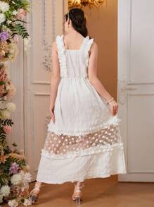 Teen Girl Polka Dot Mesh Joint Ruffle Detail Dress - White - View 3