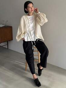 FRIFUL Women's Solid Color Textured Lantern Sleeve Shirt Long Sleeve Top - Apricot - View 2