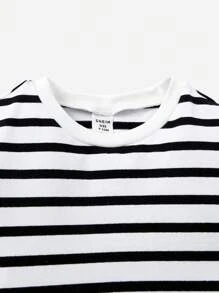 SHEIN Baby Boy's Casual & Versatile Knitted Striped Round Neck Short Sleeve Top - White - View 3