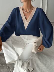 EURMUSE Women's Lace Patchwork Lantern Sleeve Shirt - Navy Blue - View 7