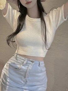 DAZY 女士純色後綁帶時尚短款針織上衣 - 白色 - 查看 6