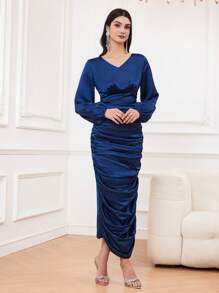 Modelyn Women's Solid Color Lantern Sleeve Ruched Dress, Wedding Guest Dress - Royal Blue - View 6