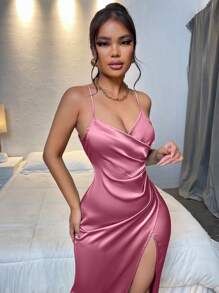 SHEIN Belle Women's Pleated Split Hem Cami Dress - Dusty Pink - View 3