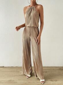 SHEIN Revavyn Women's Solid Color Pleated Halter Neck Top And Pants Set - Coffee Brown - View 6