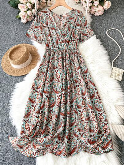 SHEIN LUNE Plus Size Women's Boho Paisley Printed Short Sleeve Dress, For Summer