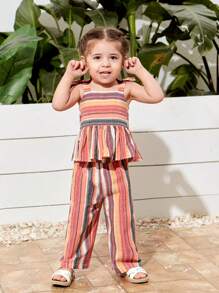 SHEIN Baby Girl Striped Cami Top With Elastic Waist Pants Set For Summer Vacation - Multicolor - View 5
