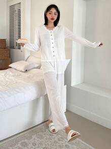 Bộ đồ ngủ tay dài phối ren đơn giản, vải gân, áo và quần dài mặc ở nhà - trắng - Xem 1