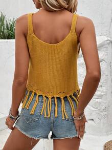 Breezaya Solid Color Fringed Hem Knitted Top - Yellow - View 2